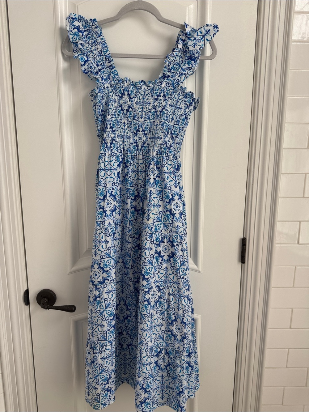 Hill House Home Blue and White Smocked Ruffle-Strap One-Piece S Small
